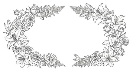 Obraz premium Graceful black and white floral line art border, decorative botanical frame illustration with lilies, roses, and ferns, isolated.