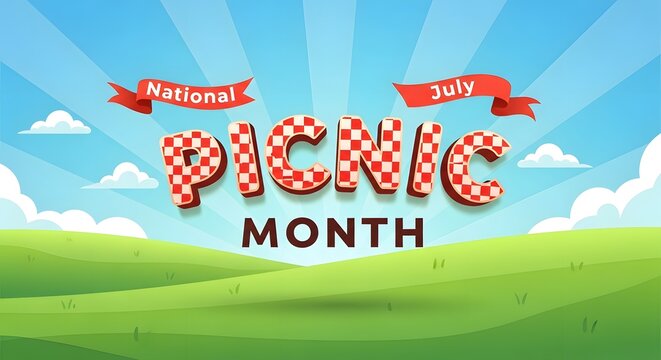 National Picnic Month July banner with grassy landscape