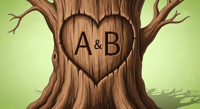 Illustration of a romantic heart carving with initials A and B on a giant tree trunk
