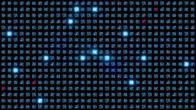 Abstract Futuristic Digital Code Grid with Glowing Red Alien Symbols. Looped Background.
