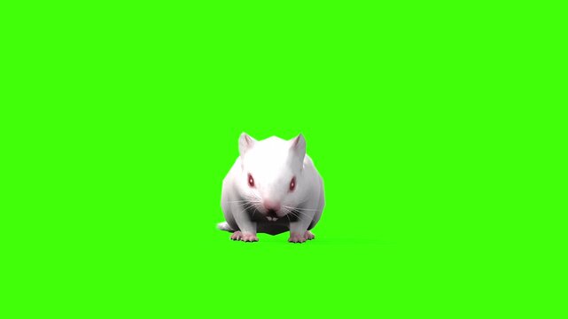 4k White albino house mouse idle loop front view animation isolated on Green Screen, 3D mus musculus rodent mice attention standing rendering on chroma key, video for your rhymes, stories