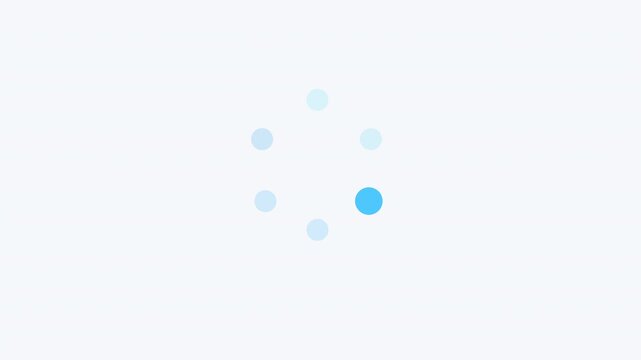 Minimalist graphic icon showing blue dots arranged in a circle spinner format over a clean white background. Represents a website loading sequence or system buffering status