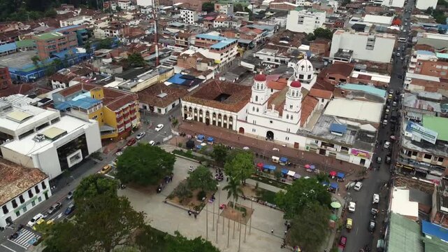 Floridablanca, Santander - Colombia. May 2, 2026. Panoramic drone view of the town's main church.