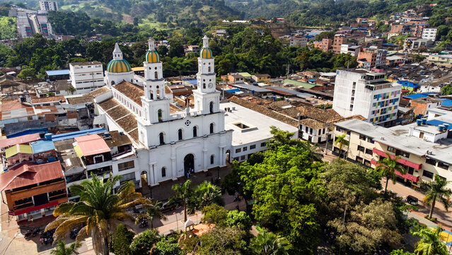 Lebrija, Santander - Colombia. May 3, 2026. Panoramic drone view of the town's main church.