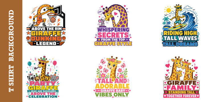 Giraffe dunking basketball legend above rim cartoon t shirt design.