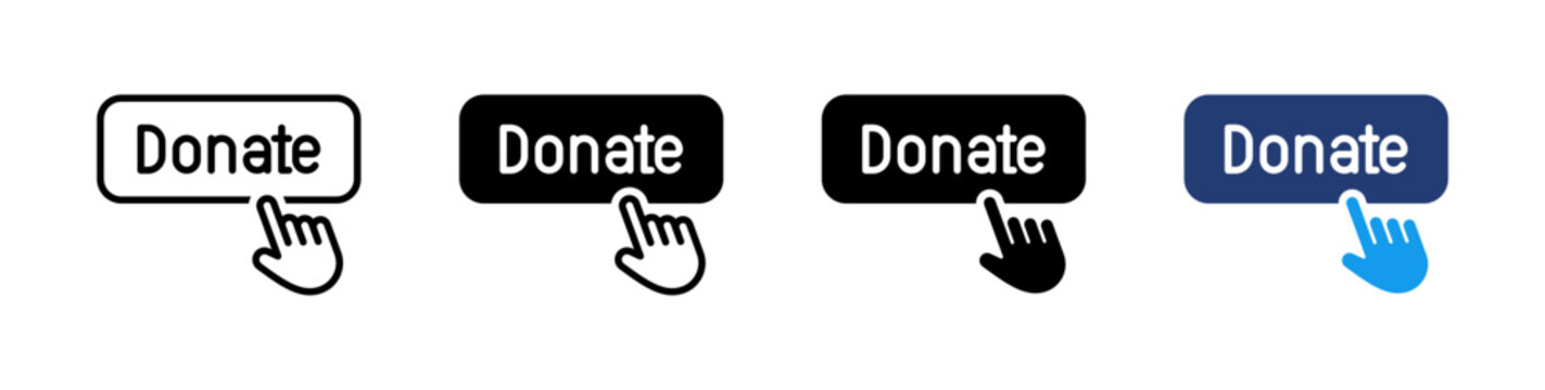 Donate Button Hand Cursor Icon Set : Set of four donate button icons with clicking hand cursor in outline, solid black, and blue styles. Ideal for charity and fundraising.