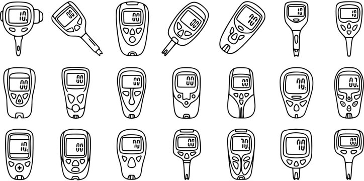 Medical Diabetes Glucometers Line Art Icons Set. Collection of Hand-Drawn Blood Glucose Meters for Health Monitoring, Healthcare Devices Outline Doodle.