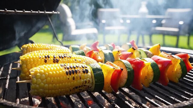 Grilled vegetable skewers with corn on the cob on a barbecue grill outdoors on a sunny day with smoke