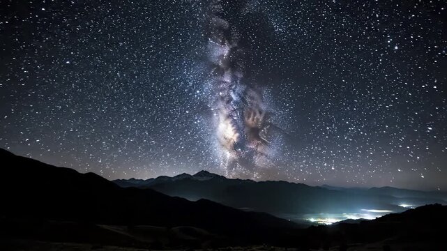 Time Lapse of Milky Way Galaxy Over Mountain Range and Distant City Lights at Night, Starry Sky with Constellations and Nebula, 4K