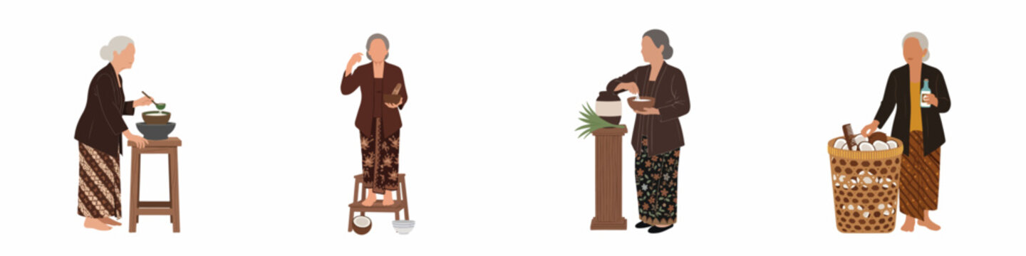 Set of four flat illustrations featuring an elderly Javanese woman in traditional kebaya and batik sarong, performing various daily and traditional tasks.