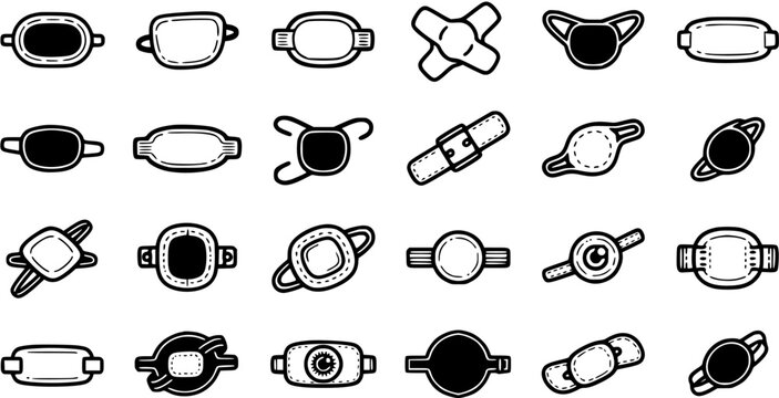 Black and White Line Art Icons of Various Face Masks and Medical Bandages