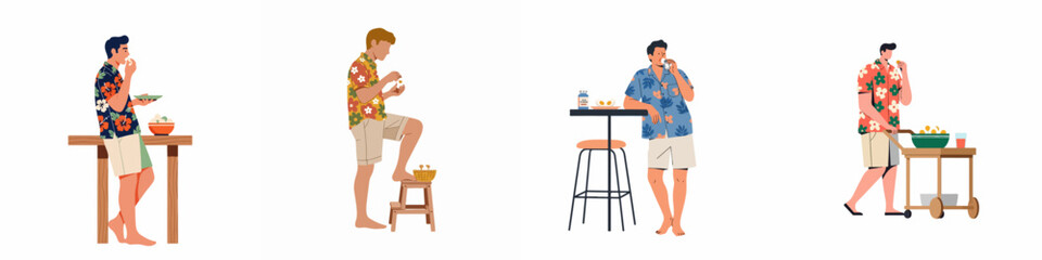 Set of Men in Floral Shirts Eating and Drinking During Summer Vacation, Vector Flat Illustration © Reno