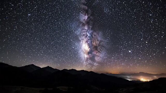 Milky Way Galaxy Arching Over Mountain Range and Distant City Lights at Night, Starry Sky Time Lapse, Cosmic Panorama, 4K