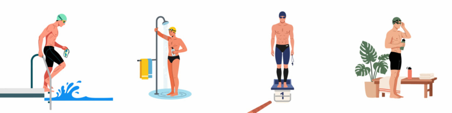 Set of illustrations showing male swimmers in various pool activities, including showering, standing on a starting block, entering the water, and resting.