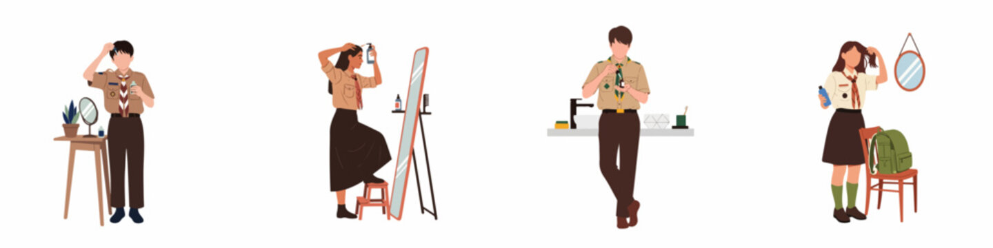 Set of scouts in uniform grooming and preparing in front of mirrors, flat vector illustration isolated on white background.