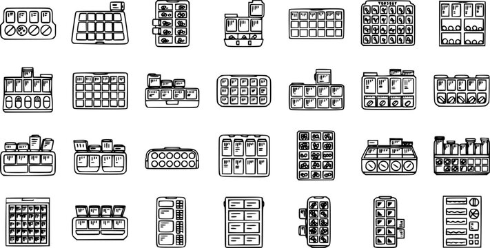 Black and White Line Art Icons of Pill Organizers and Medicine Boxes, Medical and Healthcare Niche