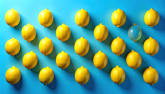 Arrangement of fresh yellow lemons with water droplets on a vibrant blue surface, one unusual blue lemon stands out, concept of uniqueness