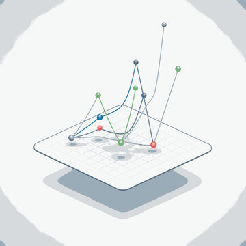3D isometric graph showing data points and trends on a grid, representing business analytics and growth.