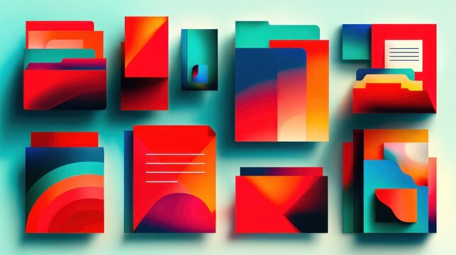 Abstract geometric representation of folders, documents, and files.  Colorful, 3D rendered, overlapping shapes and forms, in various shades of red, orange, blue, and teal.  Flat lay style