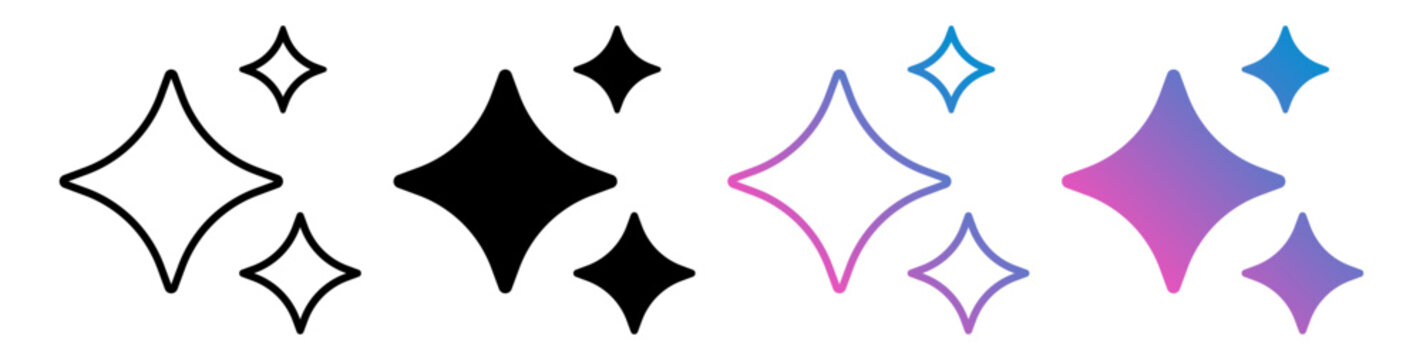 Sparkle Stars AI Icons Collection : Set of sparkle and magic star icons in outline, solid, and blue-purple gradient styles. Ideal for AI, beauty, and creative design.