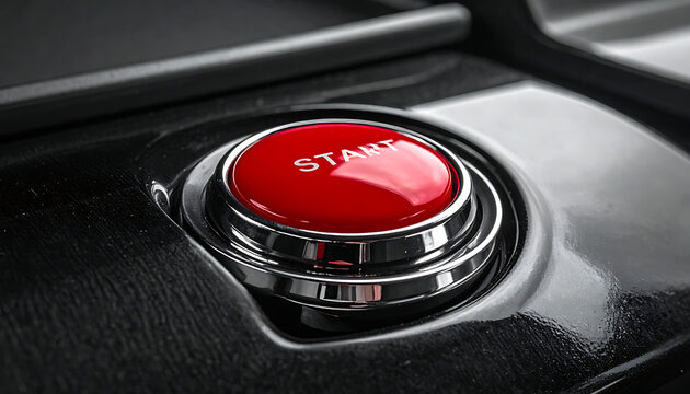 Close up of a red start button with chrome accents on a textured black surface, signaling ignition and new beginnings
