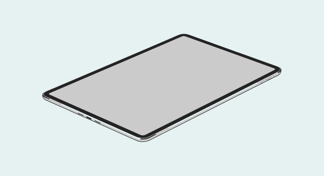 A sleek modern tablet device lies on a clean background surface.