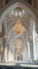 Fototapeta premium Grand mosque interior featuring magnificent high arches, luxury gold chandeliers, and intricate white marble architecture.