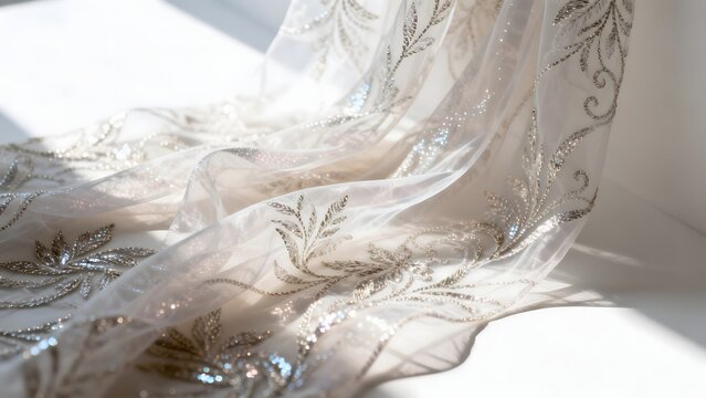 Elegant sheer fabric with floral embroidery