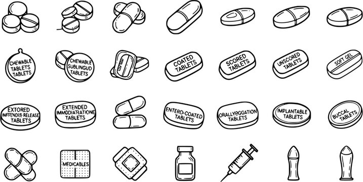 Black  White Line Art Medical and Pharmaceutical Icons Set with Various Medication Forms, Pills, Tablets, Capsules, Syringe, Vial, and Suppositories.