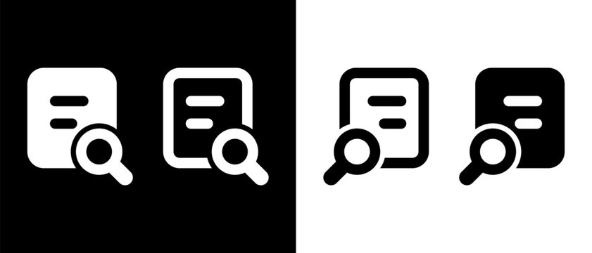 Document Search File Finder Icon collection: Set of document search icons in solid and outline styles with magnifying glass symbols. for file review, data lookup, report analysis, archive, office