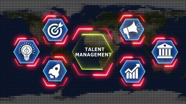 Talent management strategy with global business icons and network connections.