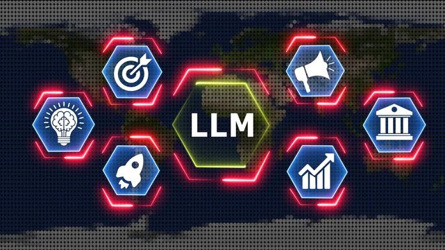Large language model neon interface displaying artificial intelligence icons.