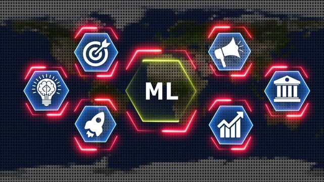 Machine learning concept with hexagon shapes and business icons over world map background.