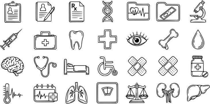 Medical Healthcare Outline Icons Set with Hand-drawn Line Art Style - Syringe, Stethoscope, DNA, Microscope, First Aid, and more