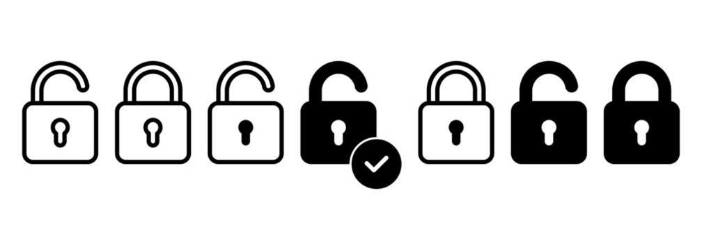 Lock Unlock Security Icon Collection : Set of lock and unlock padlock icons in outline and solid black styles. for security, privacy, access, password, verification, and protection concepts.