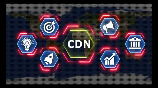 Cdn content delivery network concept with neon glowing hexagon icon animation.