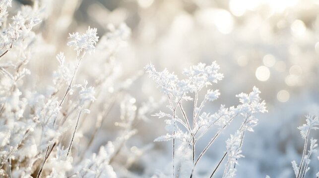 Close up of frosted plants under a soft winter light