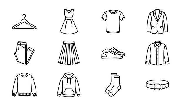 Minimalist clothing icon set single line art apparel vector outlines for boutique