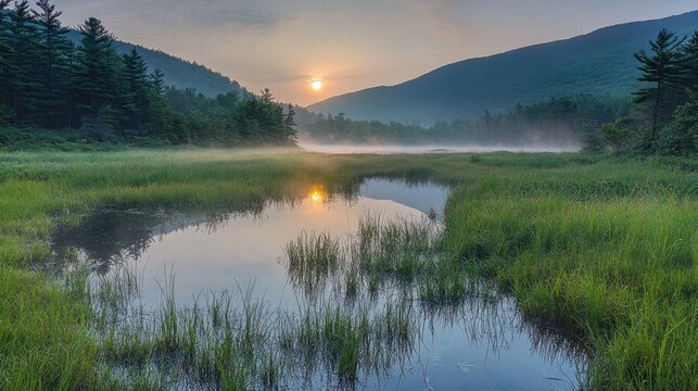 A tranquil sunrise illuminates the misty scene over the water
