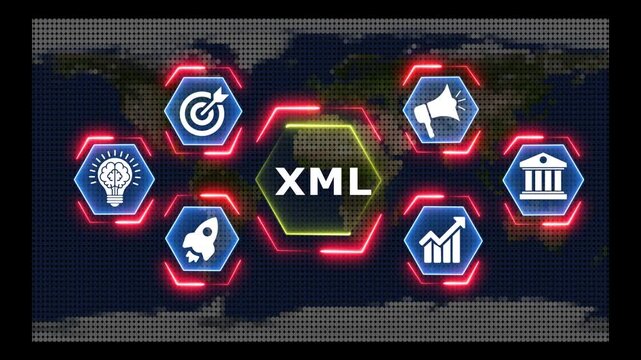 Xml programming language concept neon light hexagonal frame on digital background.