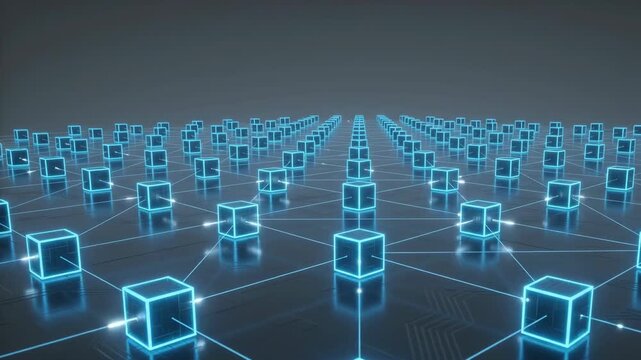 Abstract Digital Network with Glowing Boxes and Electric Connections