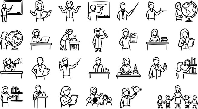 Education and School Line Art Icons Set. Hand Drawn Doodle Style Collection of Teacher, Student, and Learning Symbols.