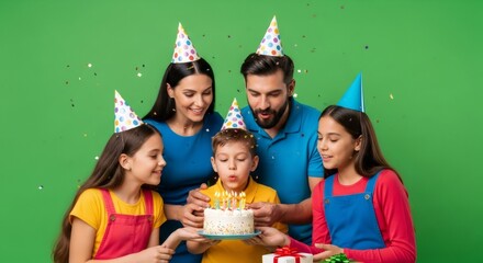 Fototapeta premium Family of four celebrates child birthday. Boy in party hat blows out candles on cake. Party celebration on green screen background.