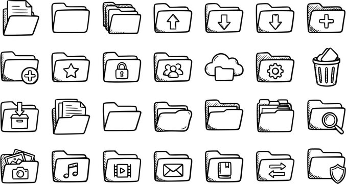 Hand-drawn Black and White Line Art Folder Icons Set for Technology and Data Management, featuring various digital file and document concepts.