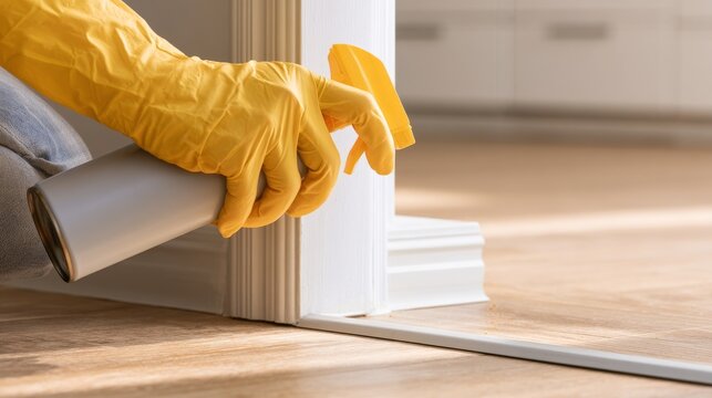 Gloved hand spraying insecticide along door frame edges and floor seams for effective household pest prevention.