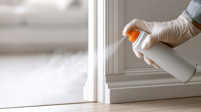 Gloved hand spraying insecticide along door frame edges and floor seams for effective household pest prevention.