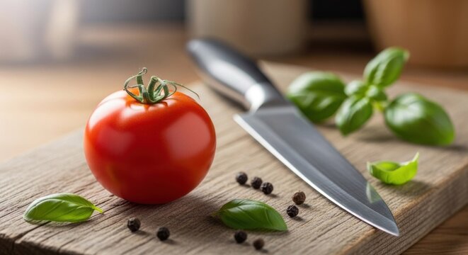 A fresh tomato with a knife and basil leaves on a wooden cutting board with a blurred background.