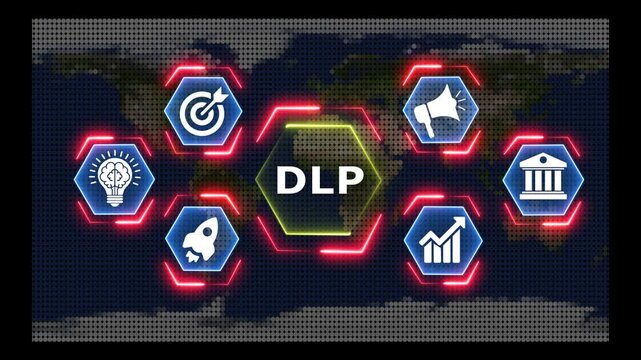 DLP neon hexagon icons dynamic motion around digital earth background.