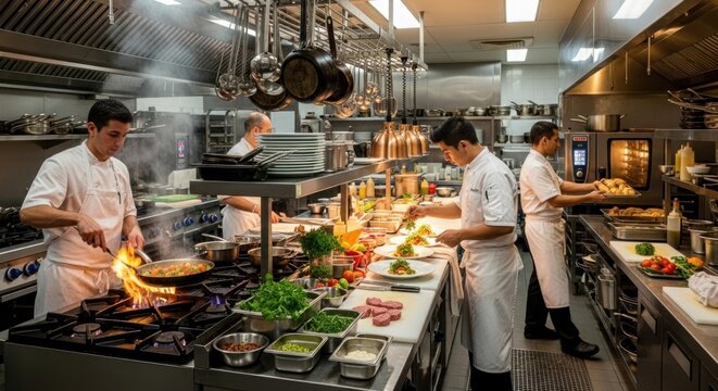 Four chefs in a professional kitchen, preparing food with various utensils and ingredients.