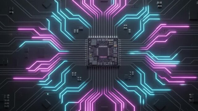 Circuit board design with microchip and glowing blue lines on a dark background